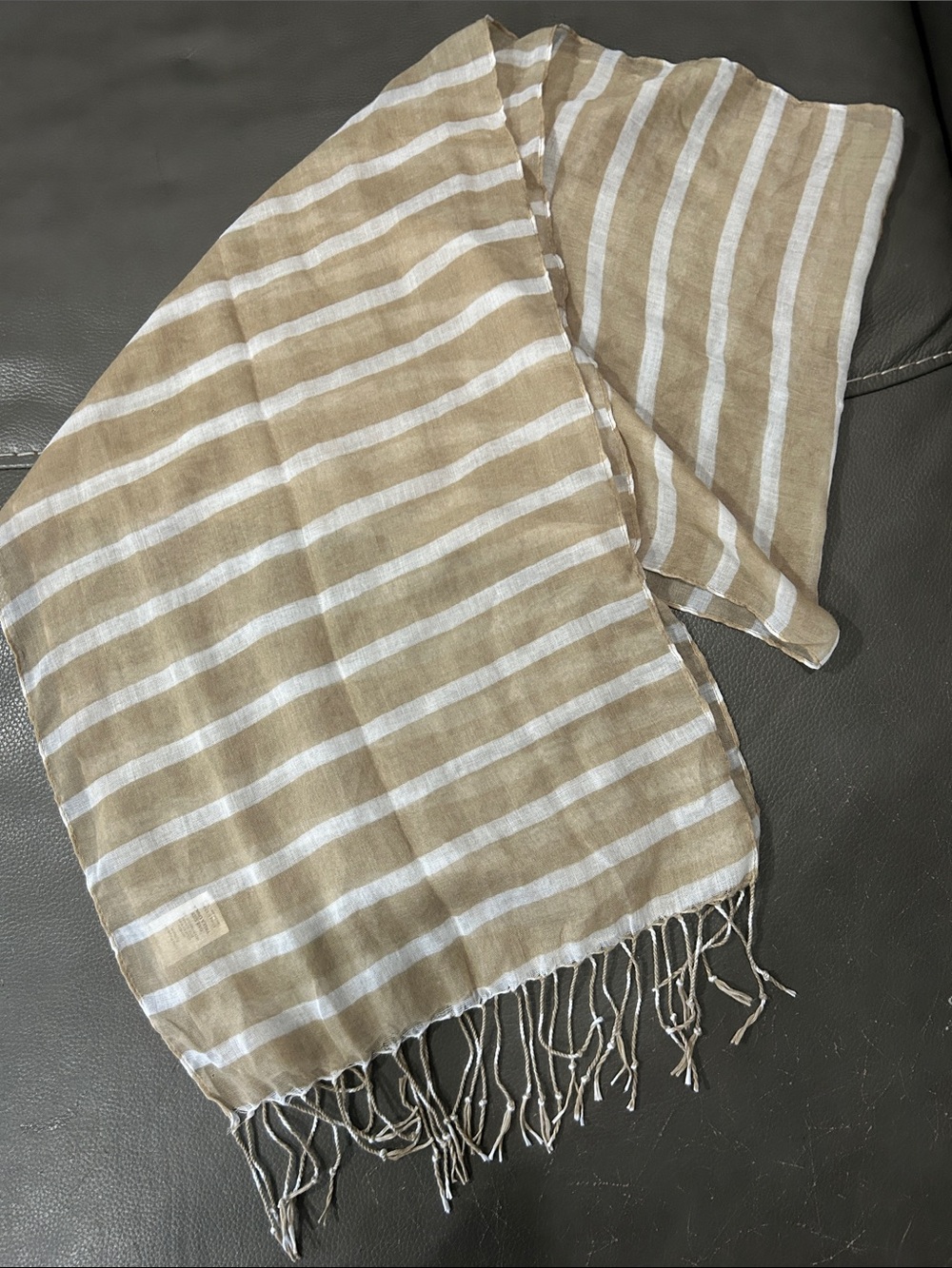 Lightweight Striped Fringe Scarf - Beige & White 100% polyester 72x14